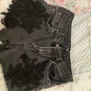 Gray Denim Shorts with Black Lace Accents